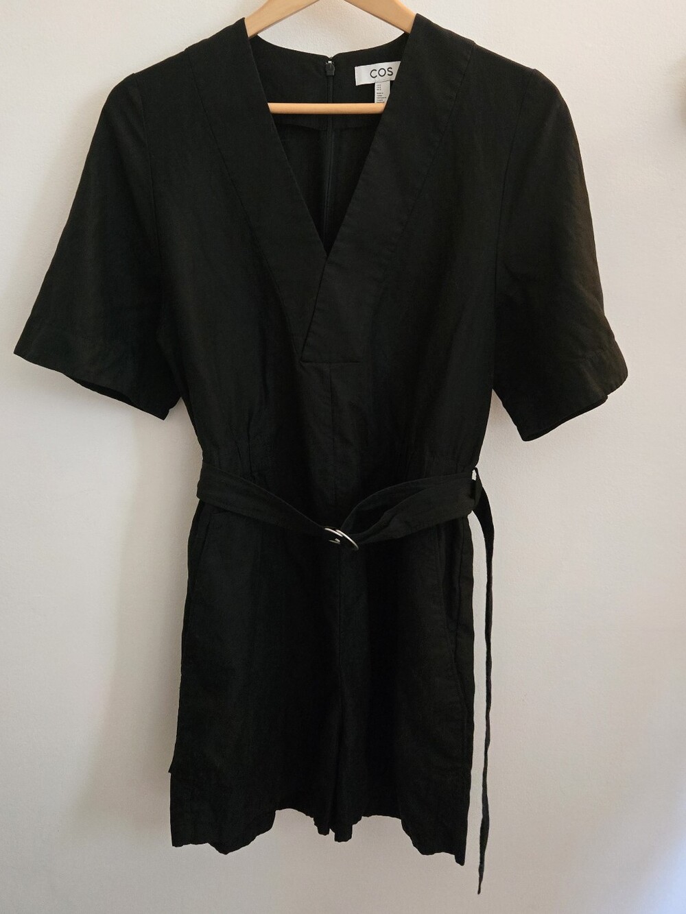 COS Black Belted V-Neck Lyocell Linen Blend Romper Size 8